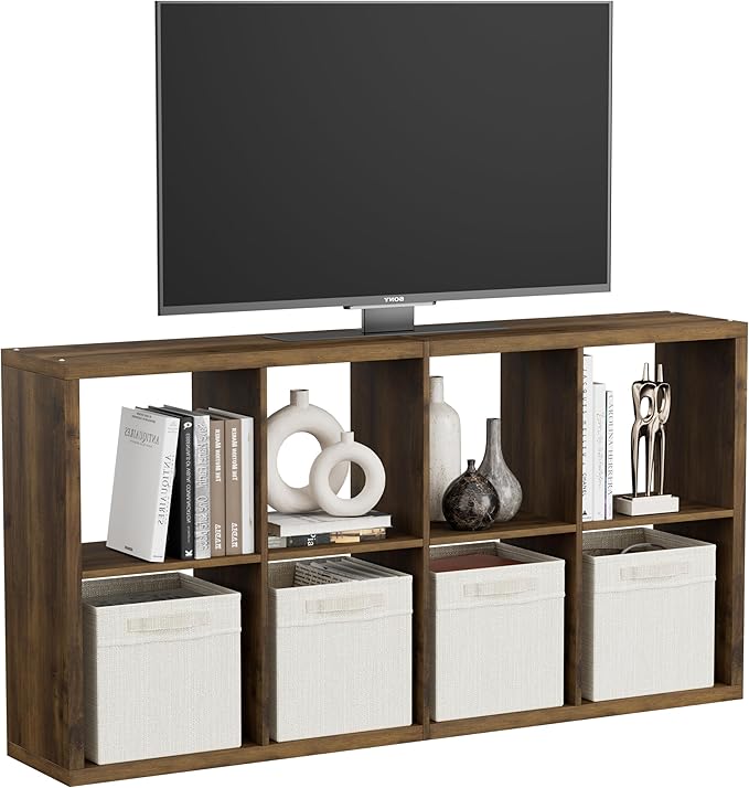 8 Cube Storage Organizer, Cube Shelf with Heavy-Duty Thick Boards, 25.12" L x 9.37" W x 48.74" H, Smooth Easy-Clean Panels, Simple Assembly, for Living Room Bedroom Office, Brown