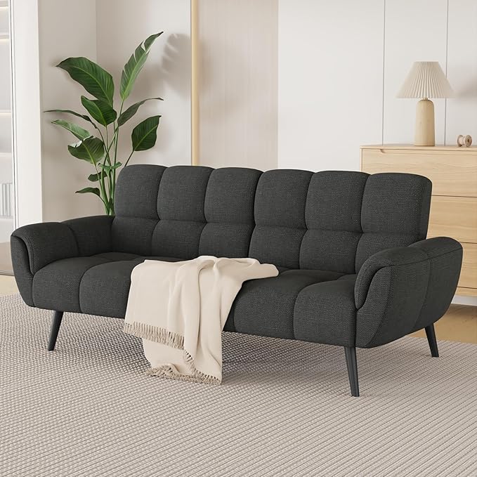 Futon Sofa Bed, Convertible 77" Modern Linen Futon Couch, Comfy Sleeper Sofa with Adjustable Backrests, Couch Bed for Small Spaces, Living Room, Bedroom, Apartment, Dark Gray