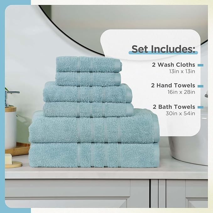 Martex 6-Piece Towel Set – Ultimate Performance – 100% Cotton – 2 Bath Towels – 2 Hand Towels – 2 Wash Cloths – Versatile – Low-Linting – Supersoft & Absorbent Bathroom Set – Easy Care – Mineral