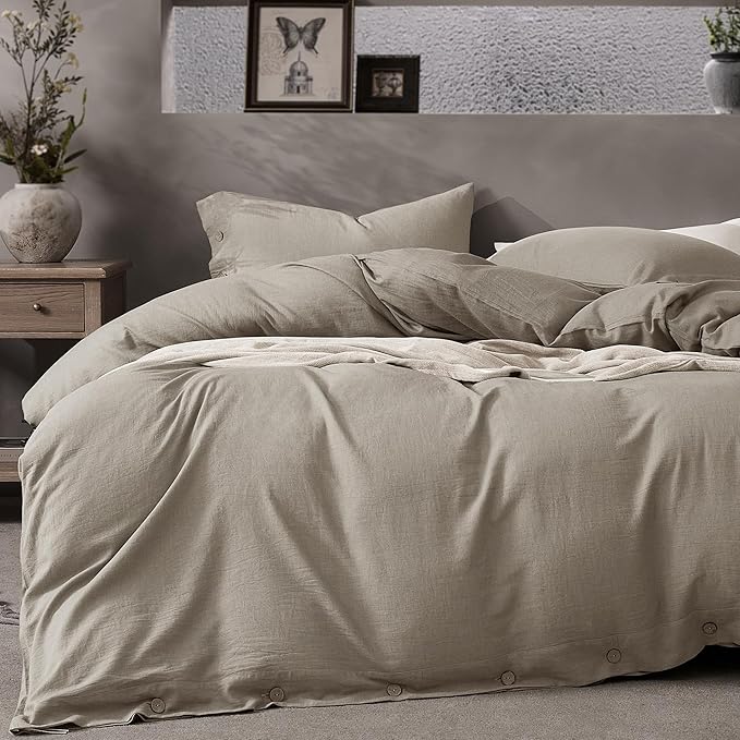 JELLYMONI Cotton Duvet Cover Queen Size - Taupe Comforter Cover with Button 100% Washed Cotton 3PCS Breathable Soft Solid Bedding Set Duvet Cover 90×90in & 2 Pillowcases (NO Comforter)