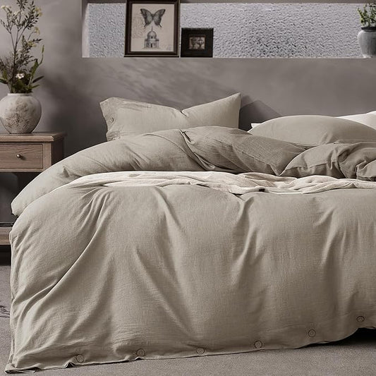 JELLYMONI Cotton Duvet Cover King Size - Taupe Comforter Cover with Button 100% Washed Cotton 3PCS Breathable Soft Solid Bedding Set Duvet Cover 104×90in & 2 Pillowcases (NO Comforter)