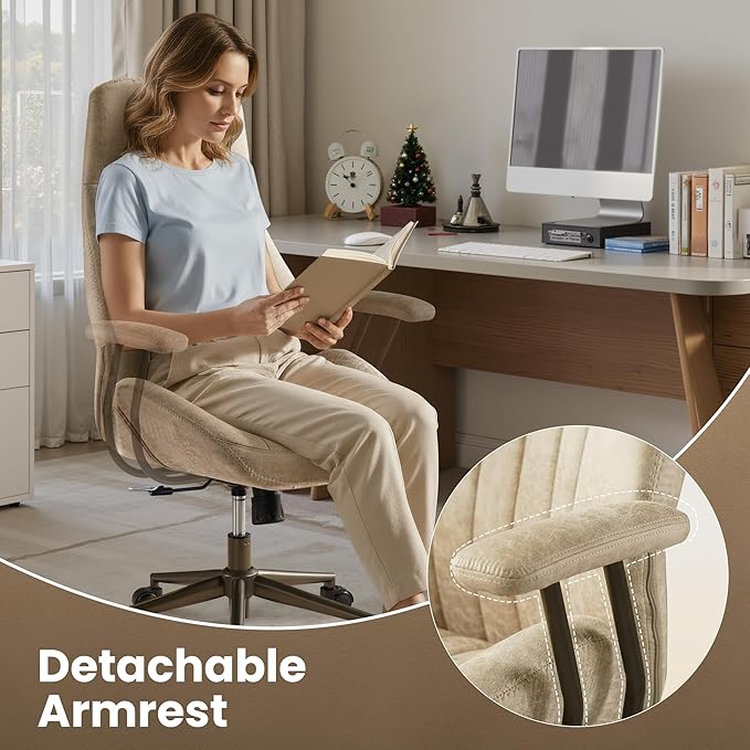 Home Office Desk Chair, Mid-Century Modern Office Chair with Adjustable Lumbar Support, Adjustable Height Executive Task Chair with 360 Rolling Swivel for Meeting Study Room(High Back, Beige)