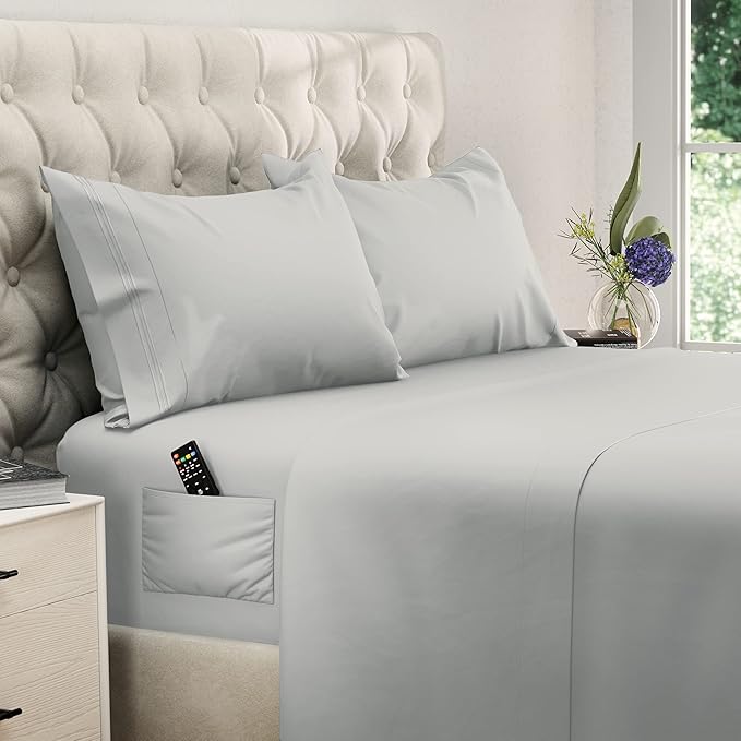 DREAMCARE Queen Size Sheets - Cooling Bed Sheets - 4pcs Set - up to 15" Deep Pocket Queen Sheet Set - Sheets Queen Size Bed - Soft & Long Lasting 100% Fine Brushed Polyester with Side Pocket - LGray DREAMCARE