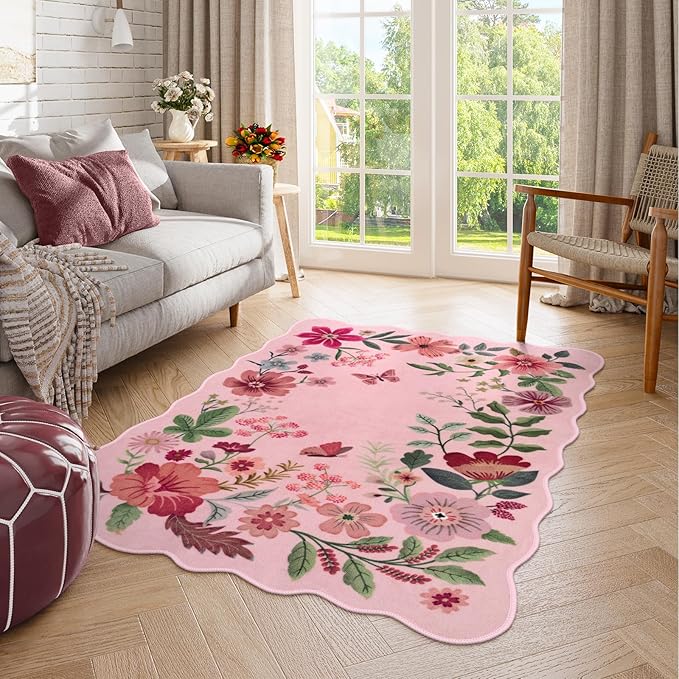 Lahome Floral Washable Rugs, 4X6 Pink Rugs for Bedroom Girls Ultra-Thin Soft Living Room Rug, Non-Slip Stain Resistant Boho Lightweight Low-Pile Throw Carpet for ‎Nursery Office (4x6ft, Pink)