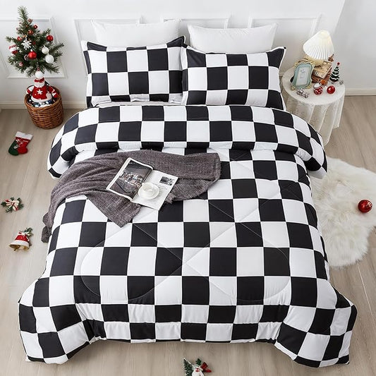Andency Checkered Comforter Twin XL(68x92Inch), Black White Plaid Gingham Buffalo Grid Bed Set for Students Boys Kids Teens, 2 Pieces Lightweight Microfiber Geometric Dorm Bedding