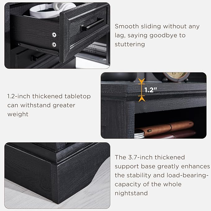 ACCOHOHO 18" Farmhouse Nightstand with Charging Station,End Table with 2 Drawers Storage,Side Table,Bedside Cabinet for Bedroom,Living Room,Black