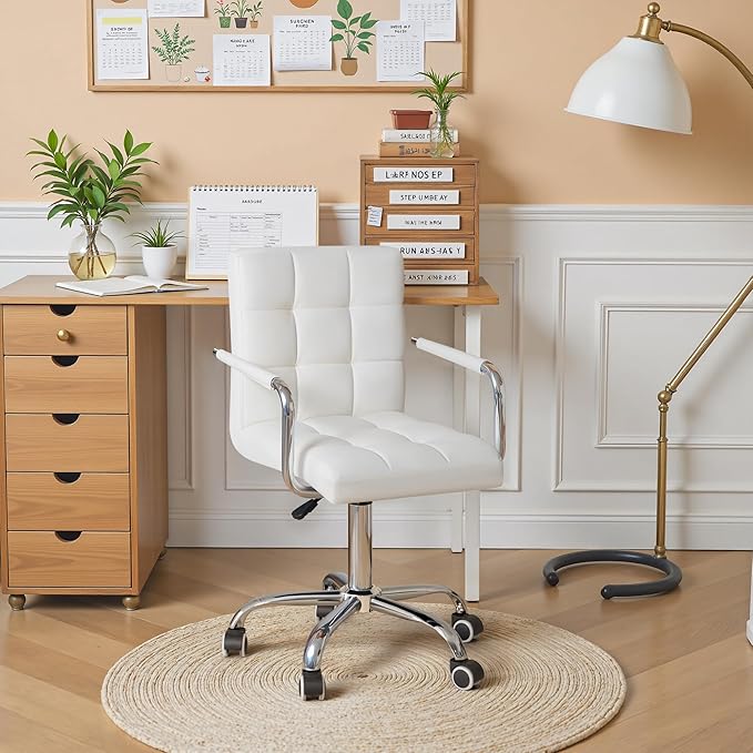 Furmax Mid-Back Office Task Chair Ribbed PU Leather Executive Chair Modern Adjustable Home Desk Retro Comfortable Work Chair 360 Degree Swivel with Arms (White)