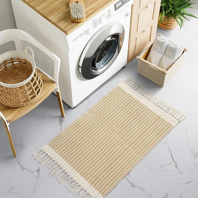 Lahome Boho Bathroom Rugs, Small 2x3 Front Door Mat Lightweight Kitchen Rug Woven Cotton Area Rug with Tassels, Farmhouse Non Shedding Washable Throw Rug Low Pile Carpet for Entry Laundry, Khaki