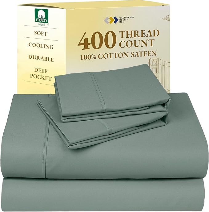 California Design Den Full Size Bed Sheets Set - Soft 400 Thread Count Sateen, Natural 100% Cotton Sheets with Deep Pockets, Breathable, and Durable Bedding Set - Sage Green CaliforniaDesignDen