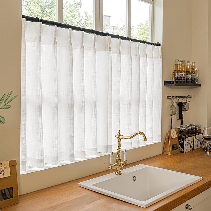 Off White Linen Kitchen Curtain 24 Inch Length 2 Panels Set Pinch Pleat Boho Country Farmhouse Short Cafe Curtains Light Filtering Pleated Semi Sheer Small Window Treatment Tiers for Basement Camper