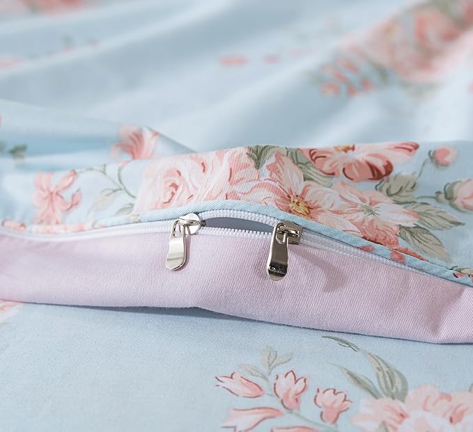 FADFAY Duvet Cover Set Twin Blue Rose Floral Bedding Rustic Peony Flower Comforter Cover Set Vintage Farmhouse Bedding 100% Cotton Ultra Soft Quilt Cover with Hidden Zipper Closure 3Pcs, Twin Size