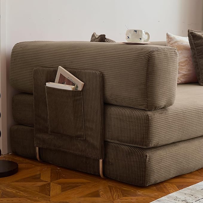 78.8" Convertible Sofa Bed -Compression Sofa with Corduroy Fabric - with Armrests and Backrest - Modular Sectional for Living Room, Bedroom, Studio - Compression Sofa in Box (Brown)