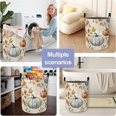 Fall Pumpkins Laundry Basket, Maple Leaves Oxford Cloth Laundry Hamper With Handle Foldable Portable Clothes Storage Basket Storage Bag For Laundry Room/Bathroom/Bedroom/Dormitories