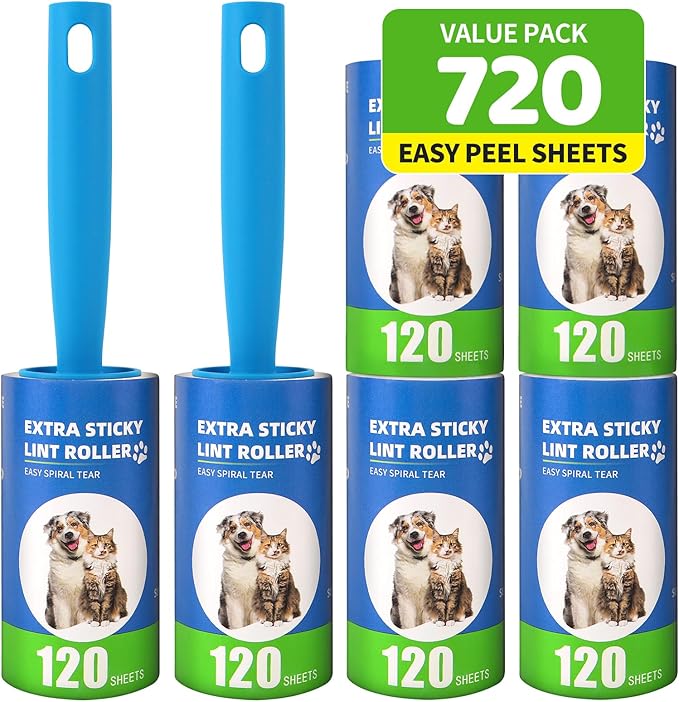 Extra Sticky Lint Roller Refills 6 Pack (720 Sheets) fit 3.8"-4" Standard Size Lint Roller Sticker with Handle, Inner Diameter at 1.5" for Pet Hair, Clothes, Furniture, Cars