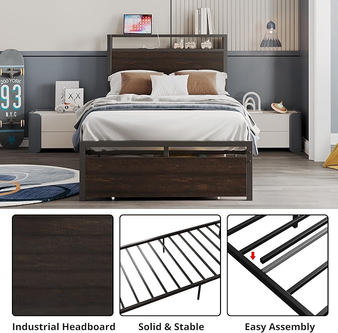 LIKIMIO Twin Bed Frames with Drawer, Storage Headboard with Outlets, No Box Spring Needed, Easy Assembly, Dark Brown