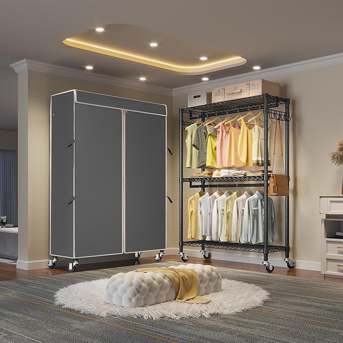 VIPEK R2C Plus Heavy Duty Rolling Garment Rack with Cover Clothing Racks for Hanging Clothes Portable Closets with Adjustable 3 Wire Shelves, Double Rods, Black Rack with Grey Upgarded Polyester Cover