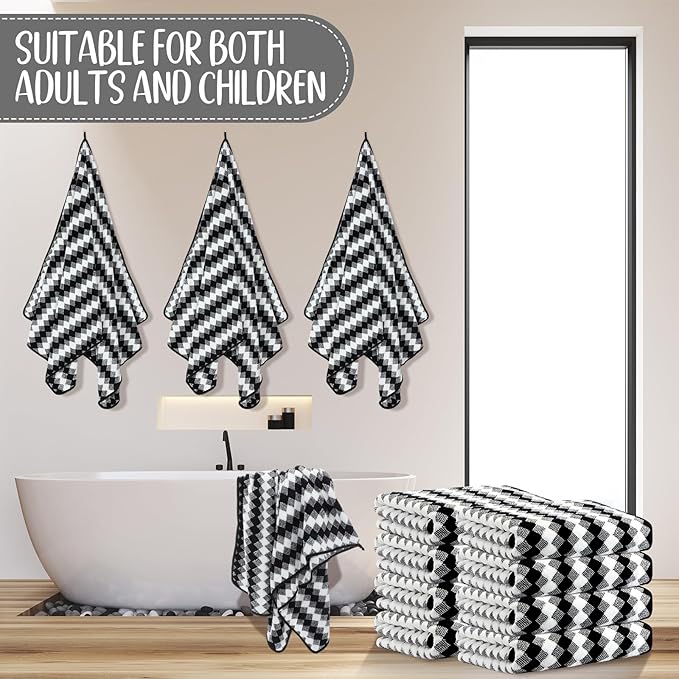 16 Pack Microfiber Bath Towels Bulk 27'' x 60'' Oversized Size Bath Towel Highly Absorbent Extra Large Soft Drying for Shower Beach Winter Salon Sport Gym Party (Grid,Black)