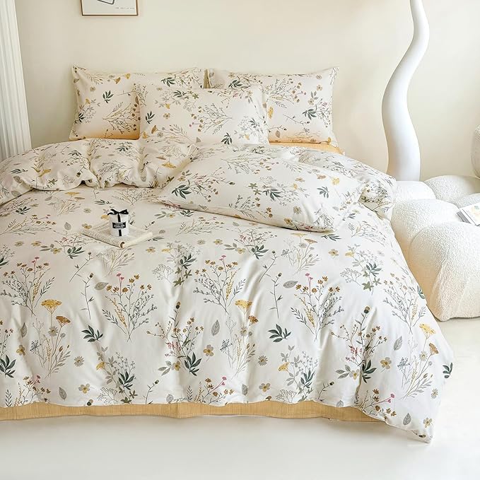 HighBuy Cotton 3 Piece Duvet Cover Full Yellow Floral Bedding Set Full Girls Botanical Coquette Comforter Cover with Zipper,Chic Garden Style Green Botanical Duvet Cover Set Vintage Soft