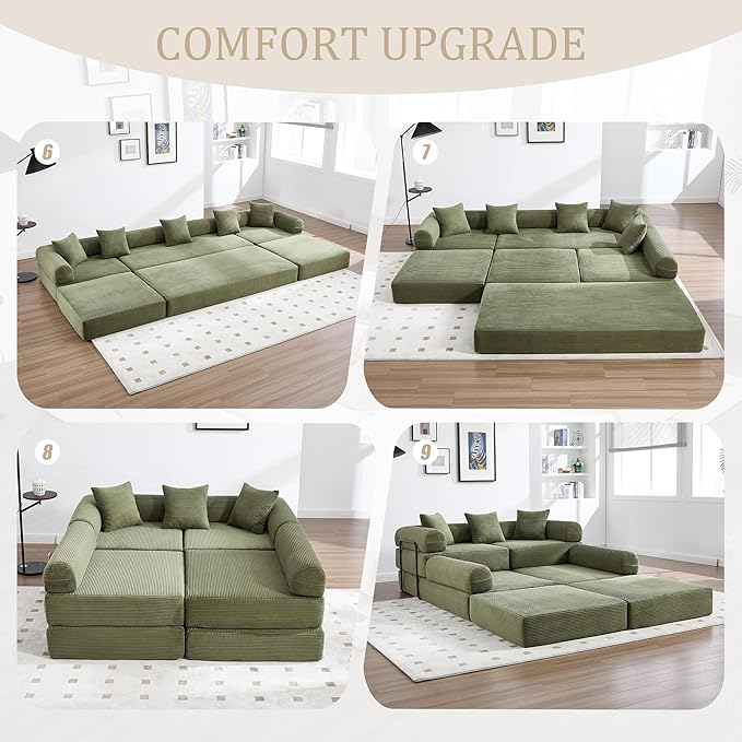 106" Oversized Convertible Sleeper Sofa Bed, Corduroy L Shape Sectional Couch, Folding Sofa Bed with Side Pocket, Modern Cloud Floor Mattress Couch, Modular Sofa for Living Room, Olive Green