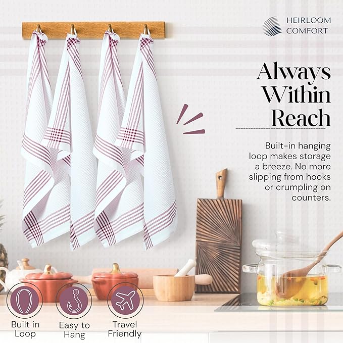 Burgundy and White Waffle Kitchen Towels 3 Pack, 100% Cotton, 16x26 Inch, Absorbent, Quick Dry, Durable Dishcloths for Wiping, Cleaning, Machine Washable, Kitchen, and Cooking Use