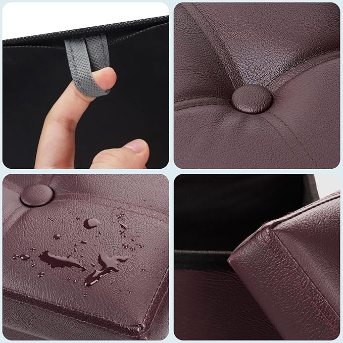 Storage Ottoman Foot Rest Stool, Small Leather Storage Ottomans Bench, Folding Footstool with Side Pockets, Foot Rest Under Desk for Living Room Bedroom, 17x13x13 in, Brown