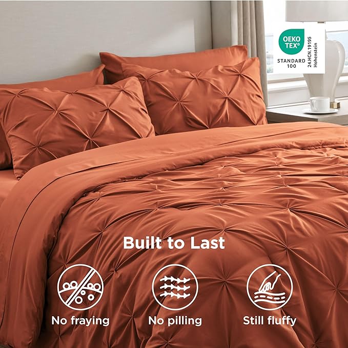 Bedsure Twin Comforter Sets - 5 Pieces Pintuck Bedding Sets Twin Size, Pinch Pleat Burnt Orange Bed in a Bag Twin with Comforter, Sheets, Pillowcase & Sham