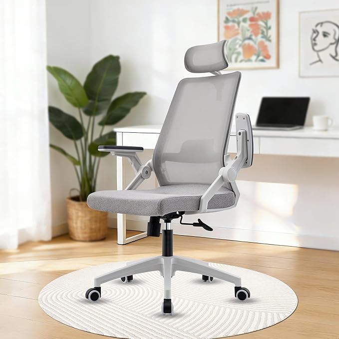 Ergonomic Mesh Office Chair with Dynamic Lumbar Support & Adjustable Headrest, Home Office Desk Chair with 90° Swivel Flip-Up Arms, Grey - Tilt Lock, Height Adjustable, 350 lbs Capacity