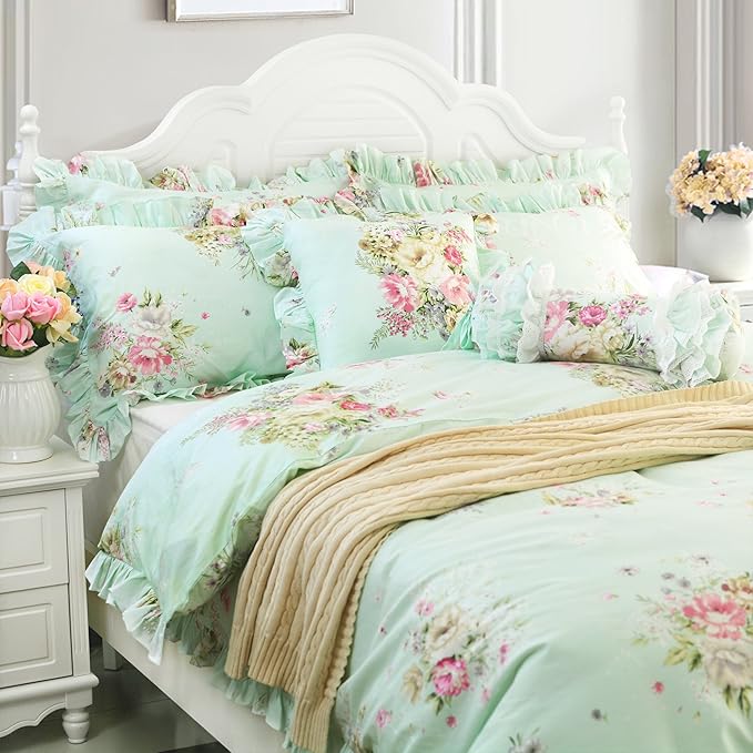 FADFAY Green Floral Duvet Cover Sets Vintage Flower Printed Bedding Ultra Soft 100% Cotton Designer Bedding Set 3 Pieces, 1duvet Cover & 2pillowcases (King/California King Size, Ruffle Style)