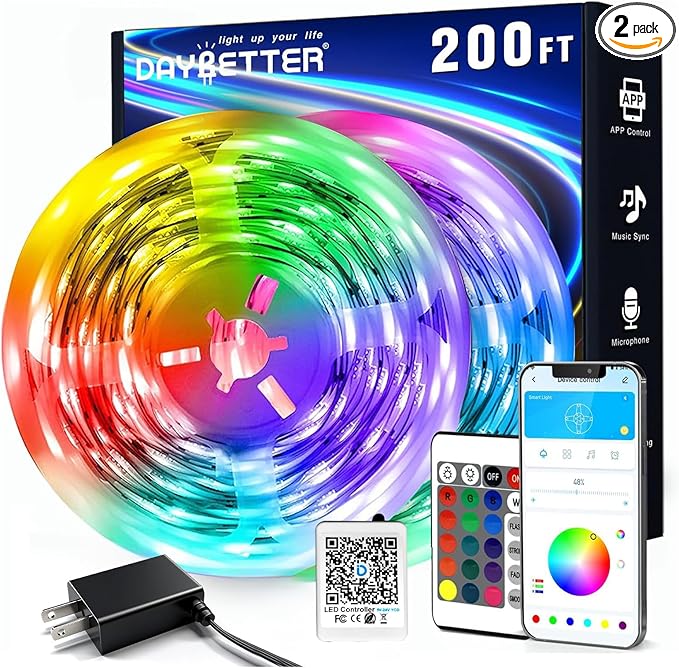 DAYBETTER LED Strip Lights 200 ft (2 Rolls of 100 ft), Smart App Control Lighting Bedroom Rome Decor with Remote, RGB Music Sync Color Changing LED Lights for Party