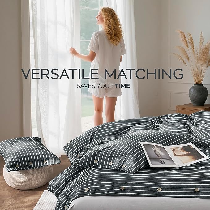 JELLYMONI Cotton Duvet Cover Twin Size - Gray Pinstriped Comforter Cover with Button 100% Washed Cotton 2PCS Breathable Soft Solid Bedding Set Duvet Cover 68×90in & 1 Pillowcase (NO Comforter)