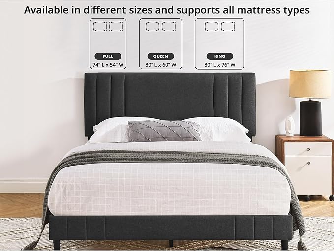 Decoro Chicago Modern Tufted Upholstered Platform Full Size Bed Frame, Dark Grey