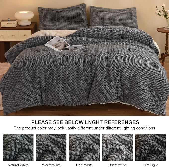 3D Jacquard Design Comforter Set, Ultra-Soft Warm King Size Sherpa Fur Plush 3-Pieces Sets Luxury Cozy Bedding with 2 Pillowcases (104"x90", Grey)