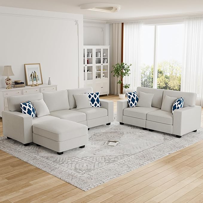 Legend Vansen Modular Sectional Sofa U Shaped Couch with Ottoman Modern Reversible Corner Sectional Couch for Living Room (Cream, 2+3 with Ottoman)