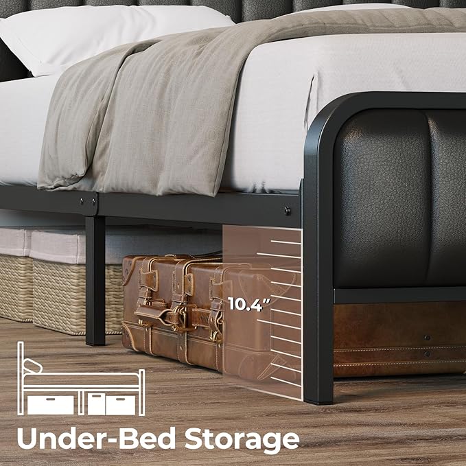 Rolanstar Full Size Bed Frame with LED Light and Charging Station, Upholstered Headboard and Footboard, Metal Slat, Noise Free, Easy Assembly, Black