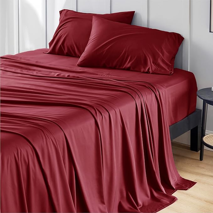 Bedsure King Size Sheets Set, Cooling Sheets for Hot Sleepers, Rayon Derived from Bamboo, Breathable & Soft, Deep Pocket Up to 16 Inches, Hotel Luxury Silky Bedding, Burgundy