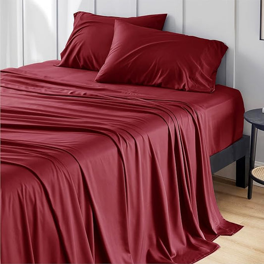 Bedsure King Size Sheets Set, Cooling Sheets for Hot Sleepers, Rayon Derived from Bamboo, Breathable & Soft, Deep Pocket Up to 16 Inches, Hotel Luxury Silky Bedding, Burgundy