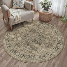 4x4 Washable Brown Round Rug Vintage Entryway Kitchen Cirlce Rug Non-Slip Soft Low Pile Distressed Indoor Carpet for Entrance Bathroom Dining Room