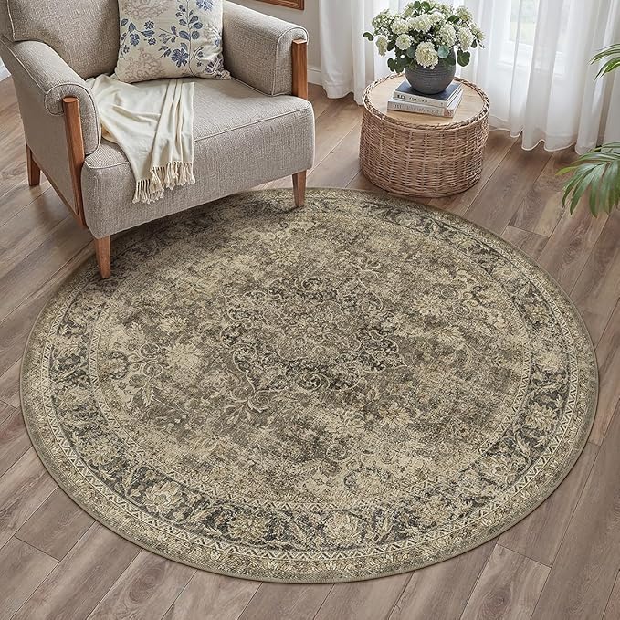 4x4 Washable Brown Round Rug Vintage Entryway Kitchen Cirlce Rug Non-Slip Soft Low Pile Distressed Indoor Carpet for Entrance Bathroom Dining Room