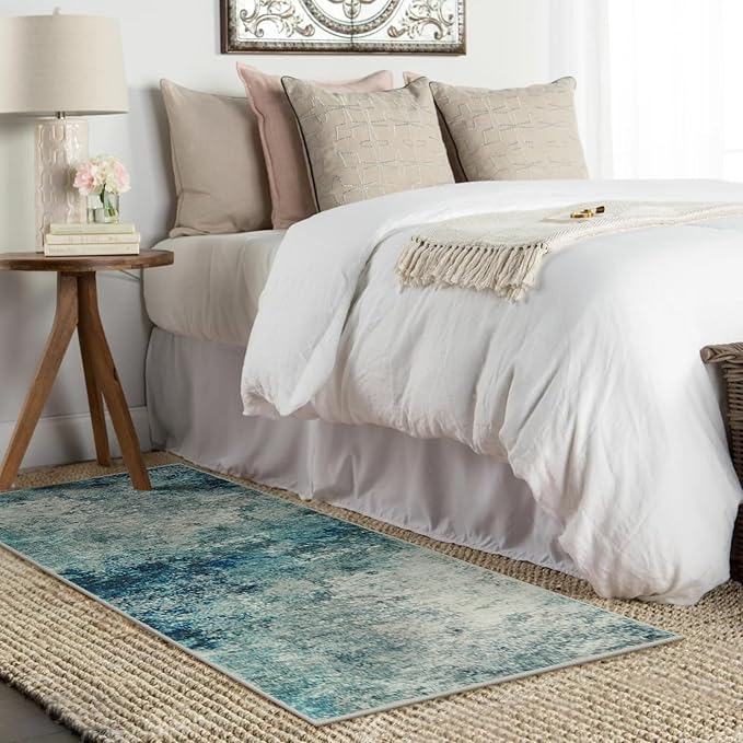 Lahome Modern Abstract Runner Rug with Rubber Backing - 2x6 Washable Rug Runners for Hallways Non Slip, 6 Ft Long Accent Carpet for Bathroom Kitchen Bedroom Entryway,Blue/Grey