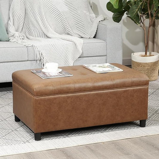 Joveco Rectangular Lift Top Storage Ottoman Bench, Faux Leather Storage Bench for Living Room Entryway Bedroom, Ochre Yellow