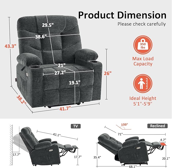 MCombo Oversized Power Lift Recliner Chair with Extended Footrest, Extra Wide 27.2" for Big and Tall Elderly People, Fabric R7289 (Dark Gray, Medium-Oversize)