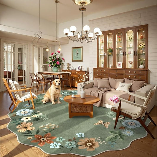 Lahome Floral Washable Round Area Rug, Soft Round Rugs 6ft Ultra-Thin Non-Slip, Boho Large Circle Carpet for Bedroom Living Room Kitchen Nursery, Green