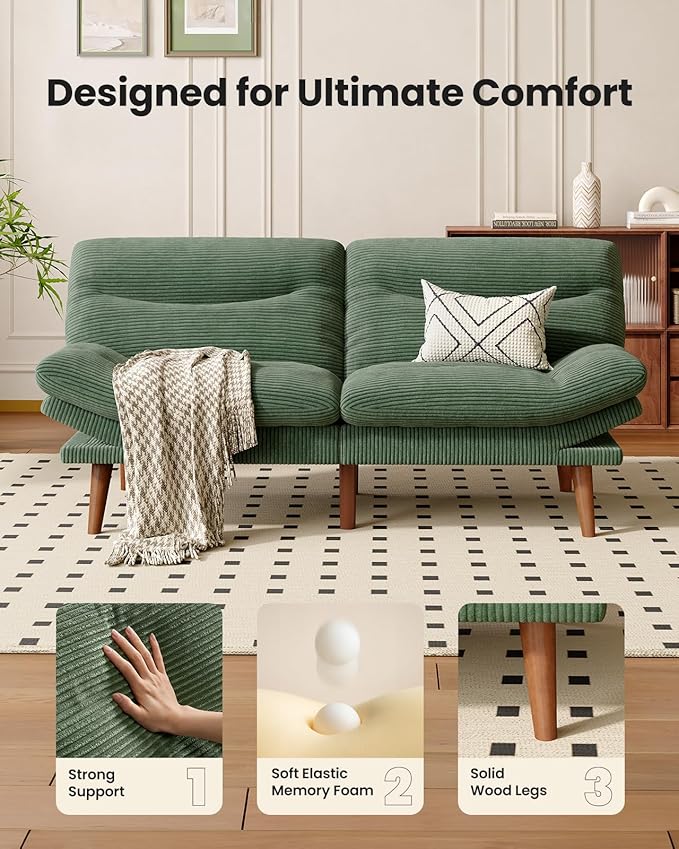 AMADA 66"Convertible Futon Sofa Bed, Corduroy Folding Futon Set with Adjustable Backrest &Armrests, Recliner Lounge for Living Room, Apartment or Office, Solid Wood Frame, Loveseat Sofa -Forest Green