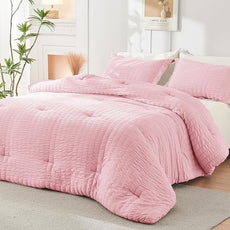 HYMOKEGE Pink/Ivory California King Comforter Set Seersucker 7 Pieces, All Season Luxury Bed in a Bag for Bedroom, Bedding Set with Comforter, Sheets, Pillowcases & Shams