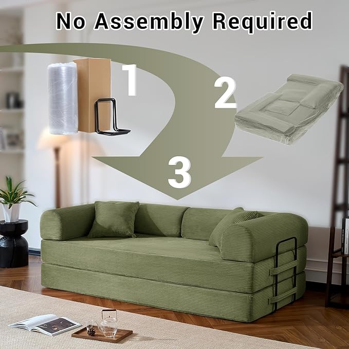 Compressed Sofa, Convertible Sofa Bed, Corduroy Compression Boneless Couch with Pillow, Comfy Modular Foldable Floor Sleeper Sofa for Bedroom, Living Room, Lounge, Studio (Green)