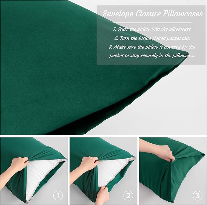 NTBAY Queen Pillow Cases Set of 2, 2 Pack Brushed Microfiber Pillow Cases, Soft, Wrinkle, Fade, Stain Resistant Pillow Cases with Envelope Closure, 20x30 Inches, Dark Green