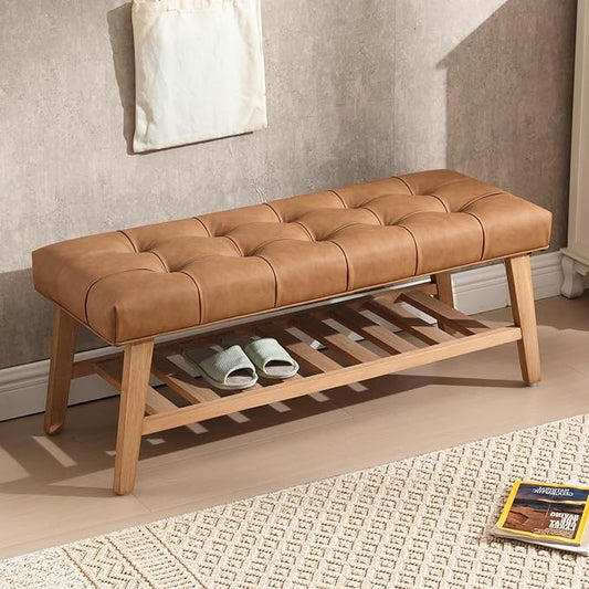 Entryway Shoe Bench Storage Benches with Upholstered Button Tufted Seat and Open Slatted Shelf PU Leather Ottoman Bench for Hallway Living Room Bedroom End of Bed, Brown