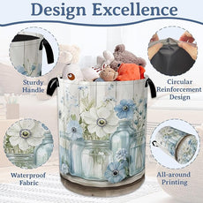 Flowers Laundry Basket,Foldable Oxford Cloth Vintage Wooden Board Laundry Hamper with Handles, 20.8