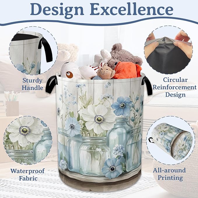 Flowers Laundry Basket,Foldable Oxford Cloth Vintage Wooden Board Laundry Hamper with Handles, 20.8"x16" Tote Bag Clothes Storage Bucket for Laundry Room/Bathroom/Bedroom/Dormitories