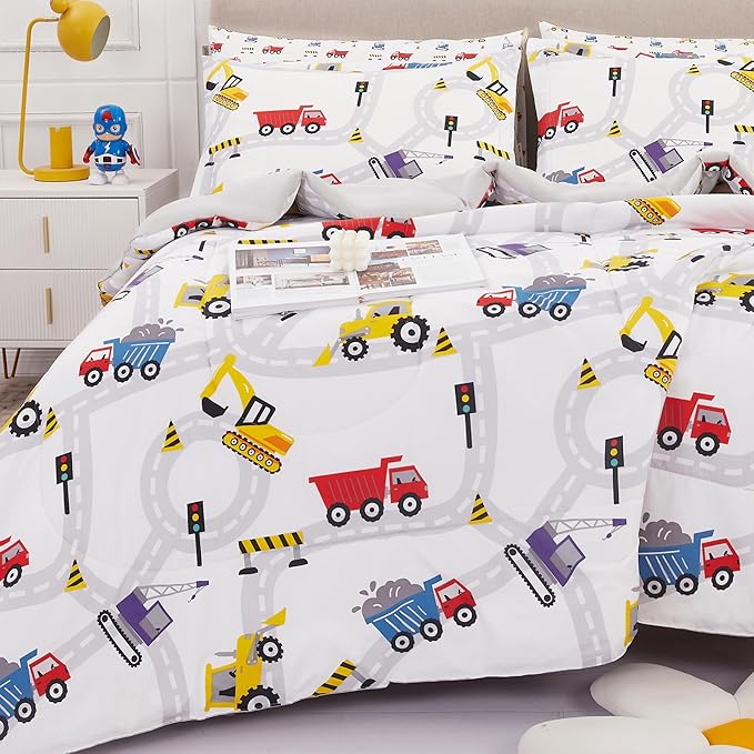 Viviland Kids Full Bedding Sets for Boys, Girls Soft Full Comforter Set with Sheets, 7 Pieces Microfiber Bed in a Bag, White Car Excavator